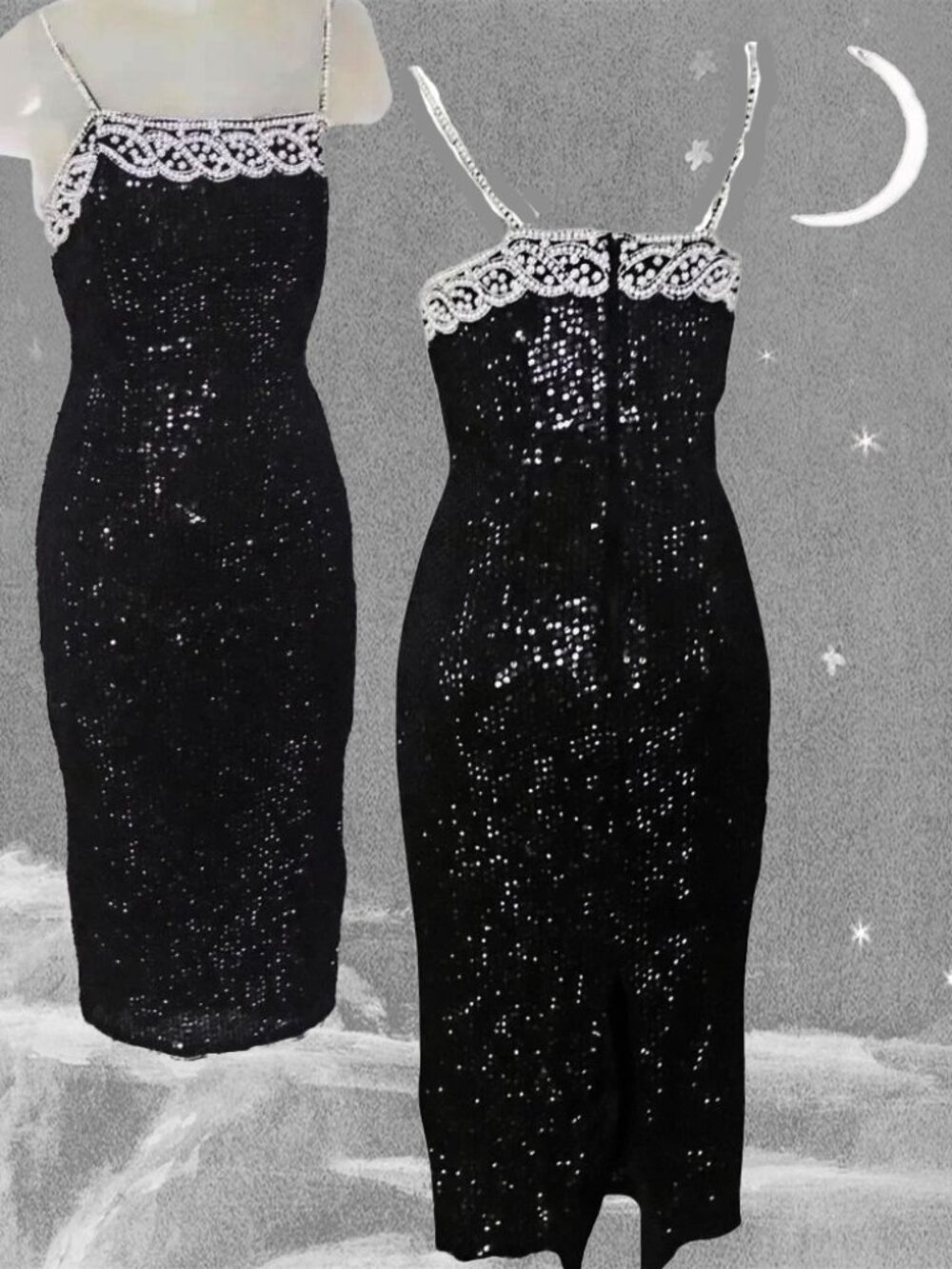 Black Dress Tight Sequin Beaded Sexy Cocktail Sheath NWOT Deadstock